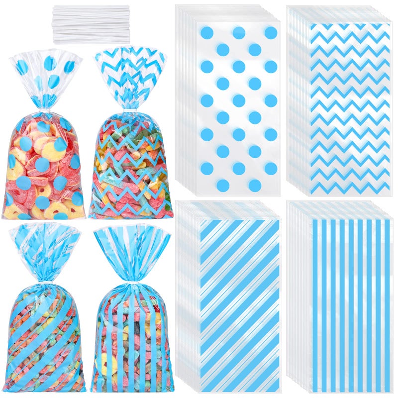 Aodaer 100 Pieces 10.6 x 5.1 In Blue Cellophane Bags Plastic Candy Bags Cellophane Treat Bag Polka Dot Stripes Printed Pattern Goodie Gift Bag with Twist Ties for Birthday  Baby Showers  Weddings Party Supplies - Image 1
